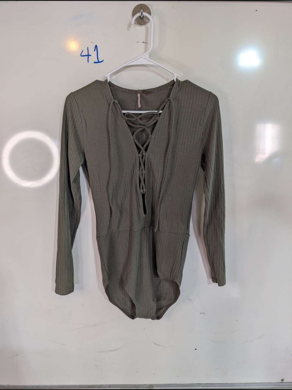 Poof! Olive Ribbed Lace-Up Long Sleeve Bodysuit